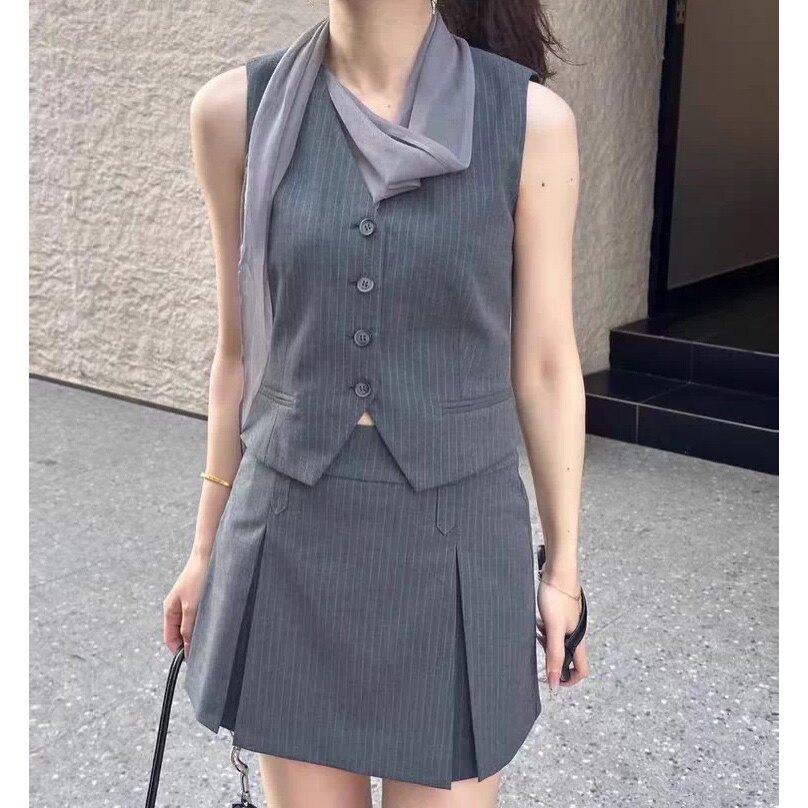 两件套V领西装马甲可拆卸丝巾+半身裙竖条纹气质通勤OL风套装0.43