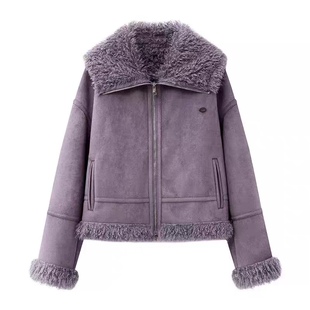 外套1.21 休闲百搭 短外套 翻领仿皮草麂皮绒皮毛一体拉链门襟短款