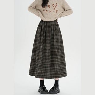 毛呢半身裙 松紧腰小格子印花双口袋宽松大版复古百搭A字伞裙0.64