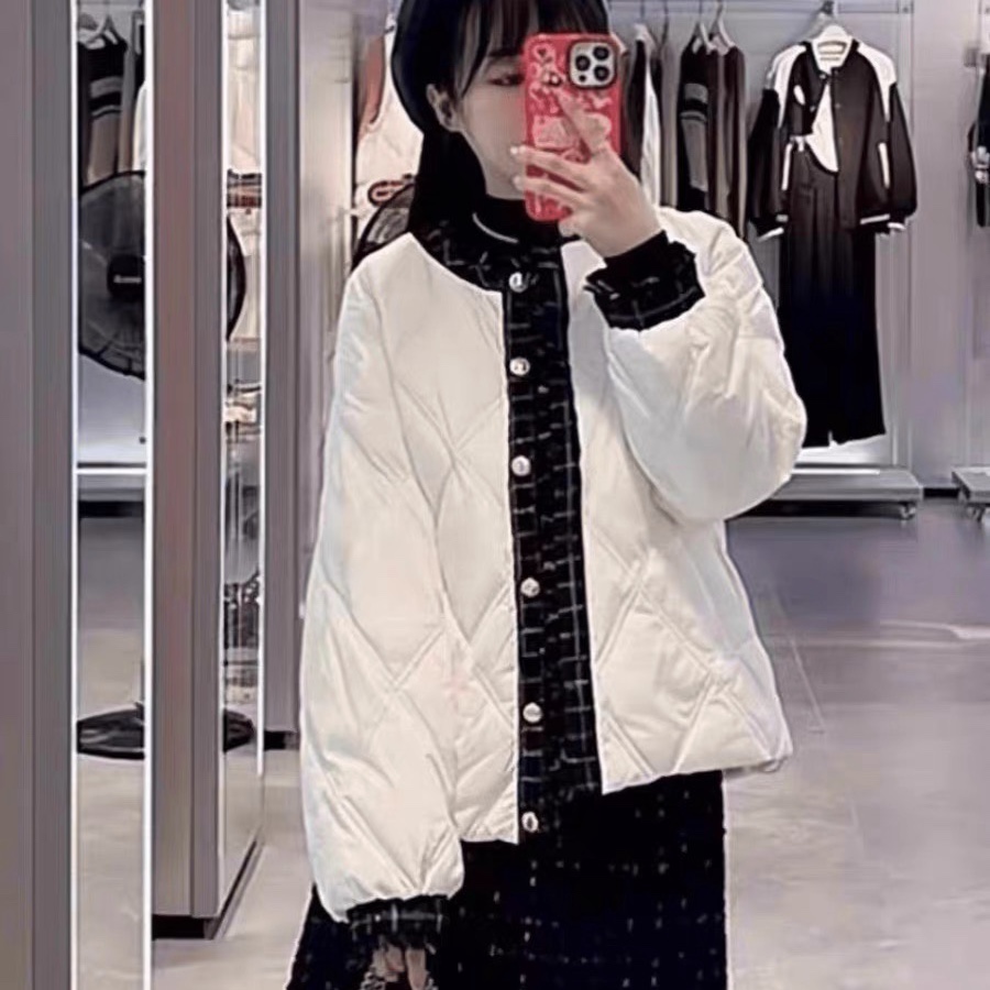 小香风羽绒服 女冬新款撞色圆领植绒包边菱格百搭瑕疵款 外套0.66