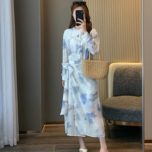 连衣裙 圆领纽扣半开襟单口袋印花系带侧拉链设计长袖 连衣裙0.29