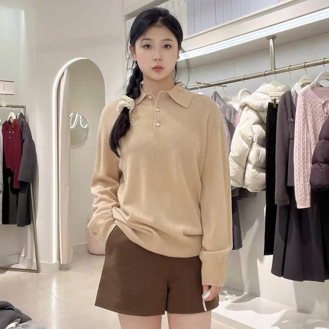 羊毛衫 时尚新款翻领纽扣半开襟刺绣装饰套头百搭款针织 毛衣0.29