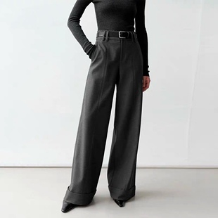 长裤 毛呢西装 脚卷边设计附腰带气质通勤直筒 钩扣双口袋裤 0.87 裤