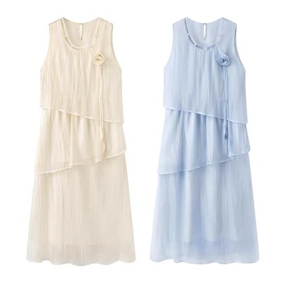 串珠领花朵胸针网纱细闪背心裙