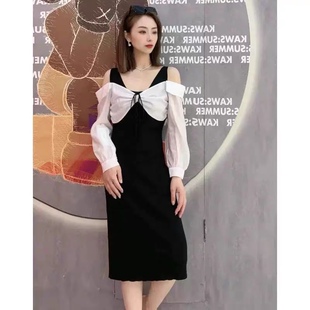 假两件连衣裙 精品女装露肩衬衫袖蝴蝶结装饰俏皮减龄 针织裙0.19