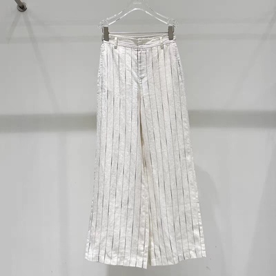 钩扣苎麻竖条纹设计休闲直筒裤