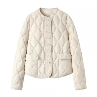 鸭绒羽绒服 圆领灯芯绒拼接包边单排扣短款菱格走线百搭 外套0.44