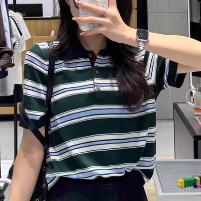 翻领三粒扣半开襟条纹短袖针织衫