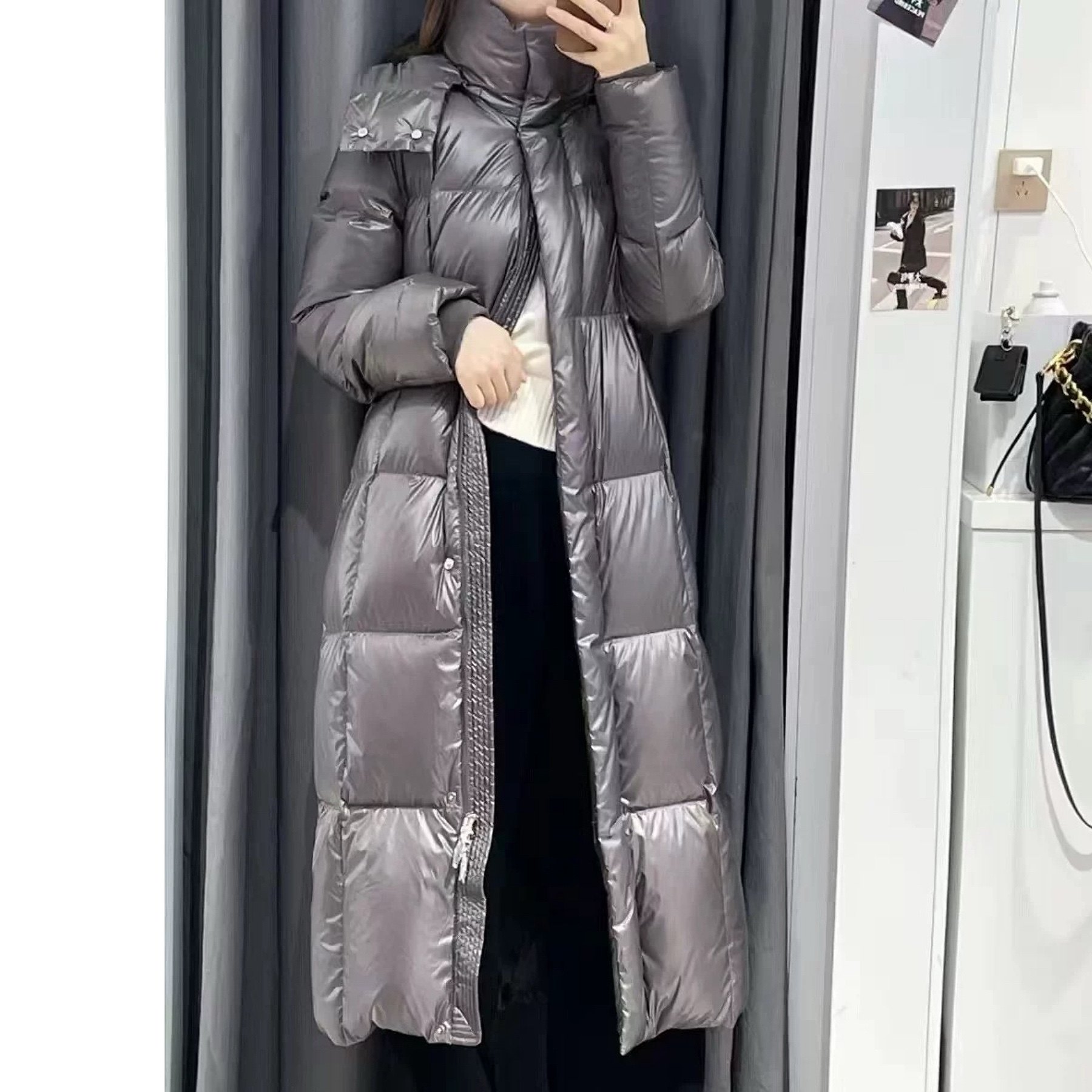 鹅绒羽绒服 可拆卸帽子隐形拉链口袋亮面女长款加厚保暖 外套1.02