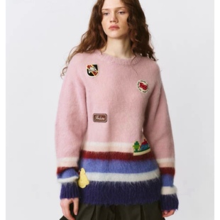 针织衫 圆领字母刺绣贴标卡通编织撞色条纹设计休闲百搭 毛衣0.52