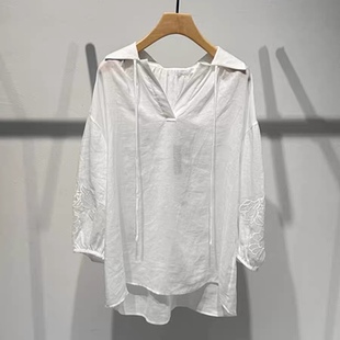 衬衫 七分袖 纯白宽松休闲衬衫 女0.19 翻领V领半开襟系带设计刺绣款