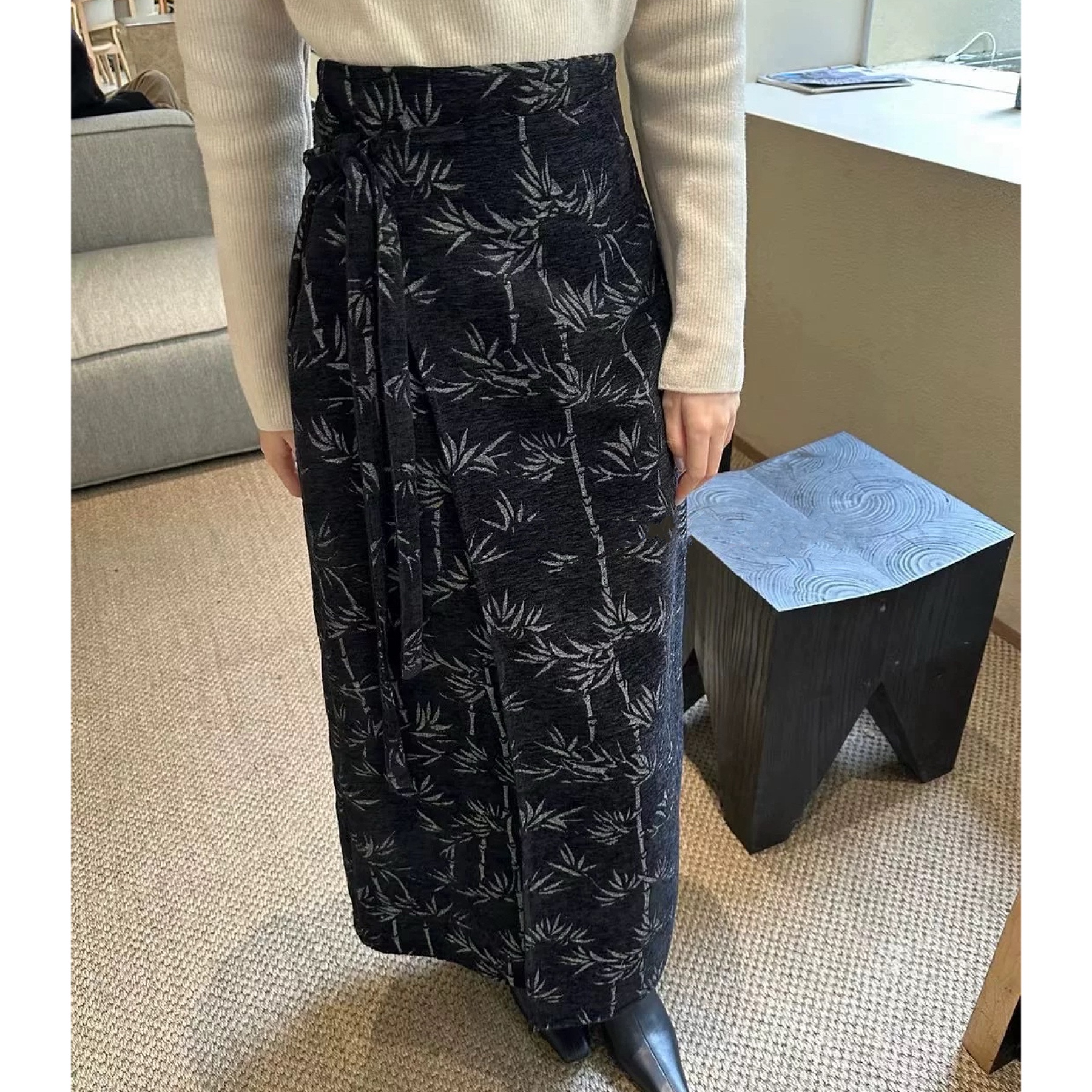 丝绒新中式竹叶图案秋冬直筒裙