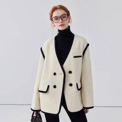 V领黑色包边双口袋秋冬毛呢外套