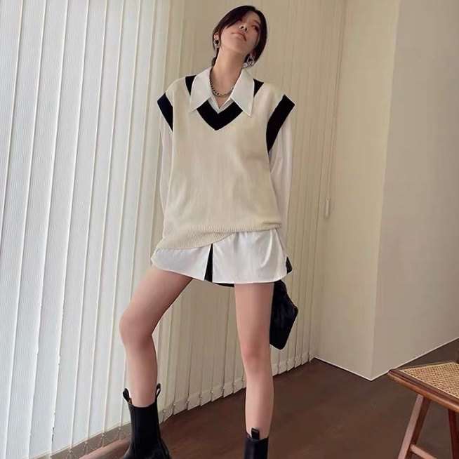 衬衫两件套 春秋款纯色衬衫裙+V领针织背心清新文艺气质 套装0.57