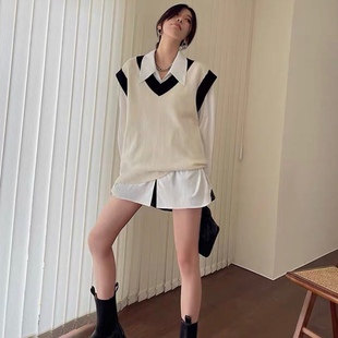 衬衫两件套 春秋款纯色衬衫裙+V领针织背心清新文艺气质 套装0.57