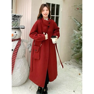 外套1.45 饰腰带收腰气质新年氛围感 双面呢大衣 立领单排扣挎包装