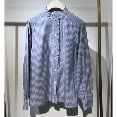 立领木耳边条纹通勤百搭长袖衬衫