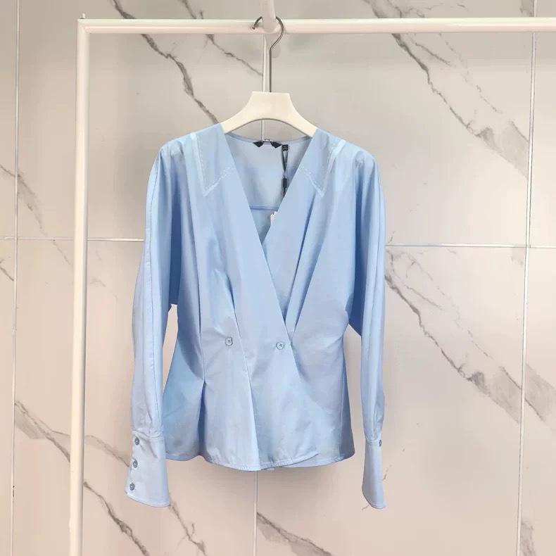 衬衫 V领领子印花收腰显瘦时尚简约优雅气质百搭款长袖衬衫女0.25