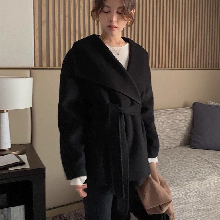 双面呢大衣 大翻领开衫式斜插袋腰带收腰高级气质百搭 短外套1.12,女装/女士精品,毛呢外套,淘宝优惠券,粉丝福利购,淘宝优惠卷