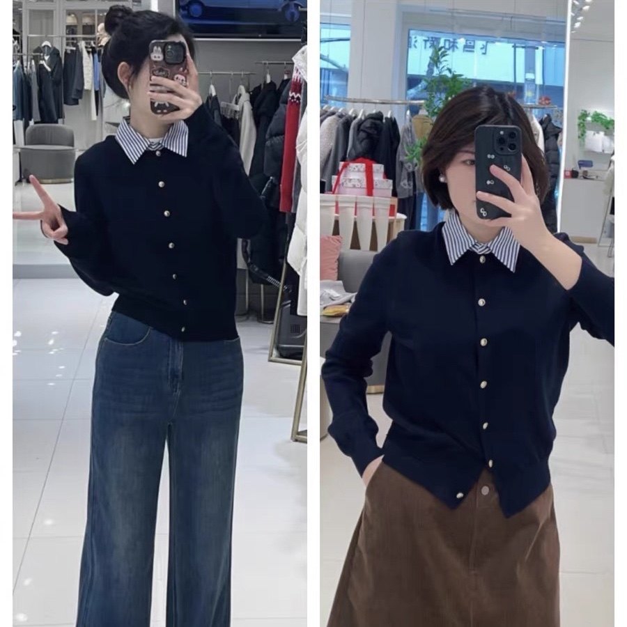 条纹拼接领休闲百搭针织衫毛衣