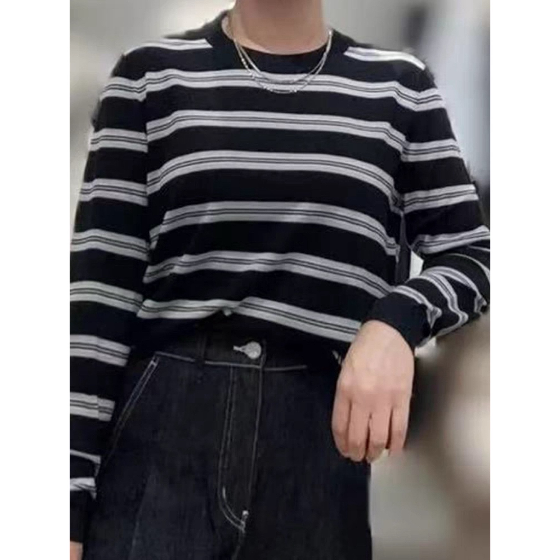 圆领藏青条纹简约秋款针织打底衫