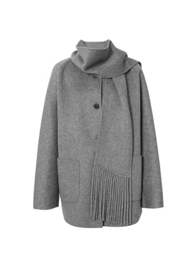 双面呢大衣圆领单排扣双口袋附围脖高级简约气质百搭羊毛外套1.19