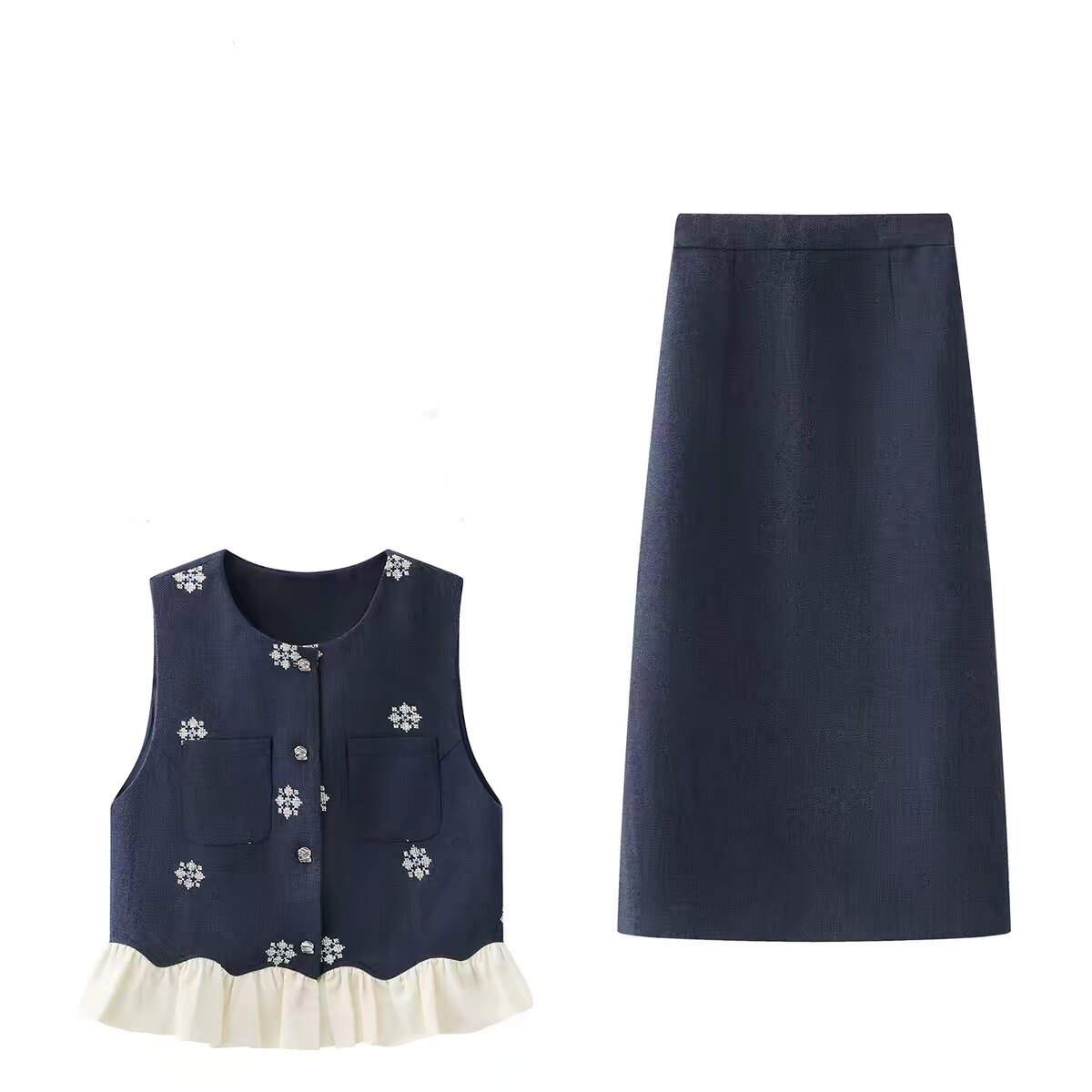 两件套 圆领荷叶边下摆刺绣马甲+开叉半身裙高级气质编织套装0.67