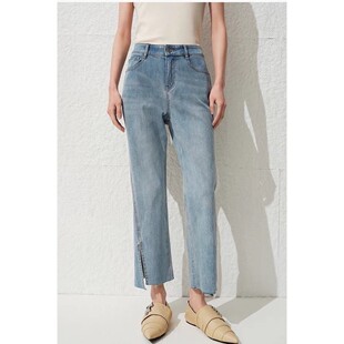 牛仔裤 夏季新款一粒扣拉链毛边开叉设计微弹时尚百搭风 长裤0.44