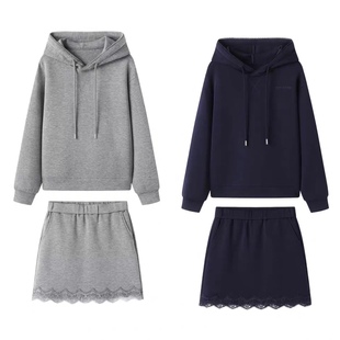 0.70 双口袋半身裙短裙春秋套装 两件套 连帽字母刺绣花边拼接卫衣