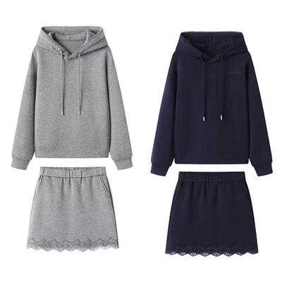 花边拼接连帽卫衣短裙休闲风套装