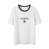 时尚 夏季 新款 T恤 百搭简约字母刺绣撞色圆领套头短袖 上衣女0.16