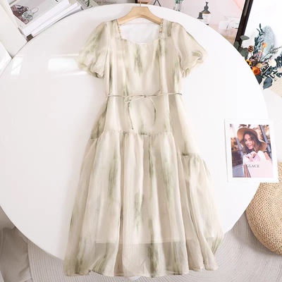 连衣裙 时尚新款度假风方领泡泡袖系带收腰轻熟小众款 中长裙0.21
