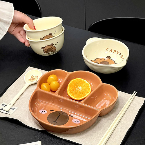 陶瓷分格餐盘大人分格盘子家用儿童高颜值可爱饺子盘可微波卡通