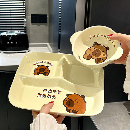 陶瓷定量分格餐盘家用卡通高级感可爱可微波分格盘大号分餐菜盘