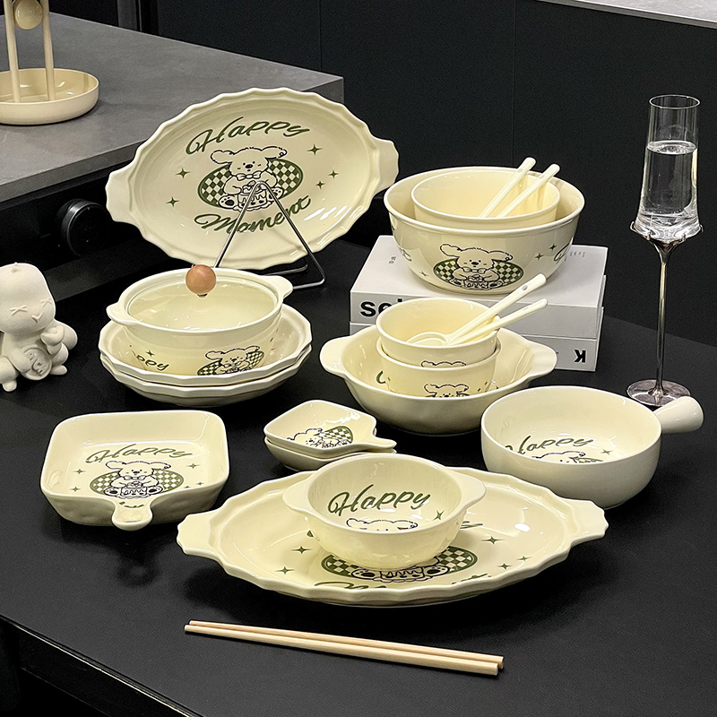 碗碟套装家用可爱卡通2人釉下彩陶瓷奶油风餐具2025热卖可微波