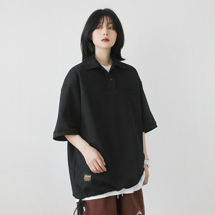日系polo衫抽绳短袖t恤女装设计感小众夏季新款宽松显瘦上衣ins潮
