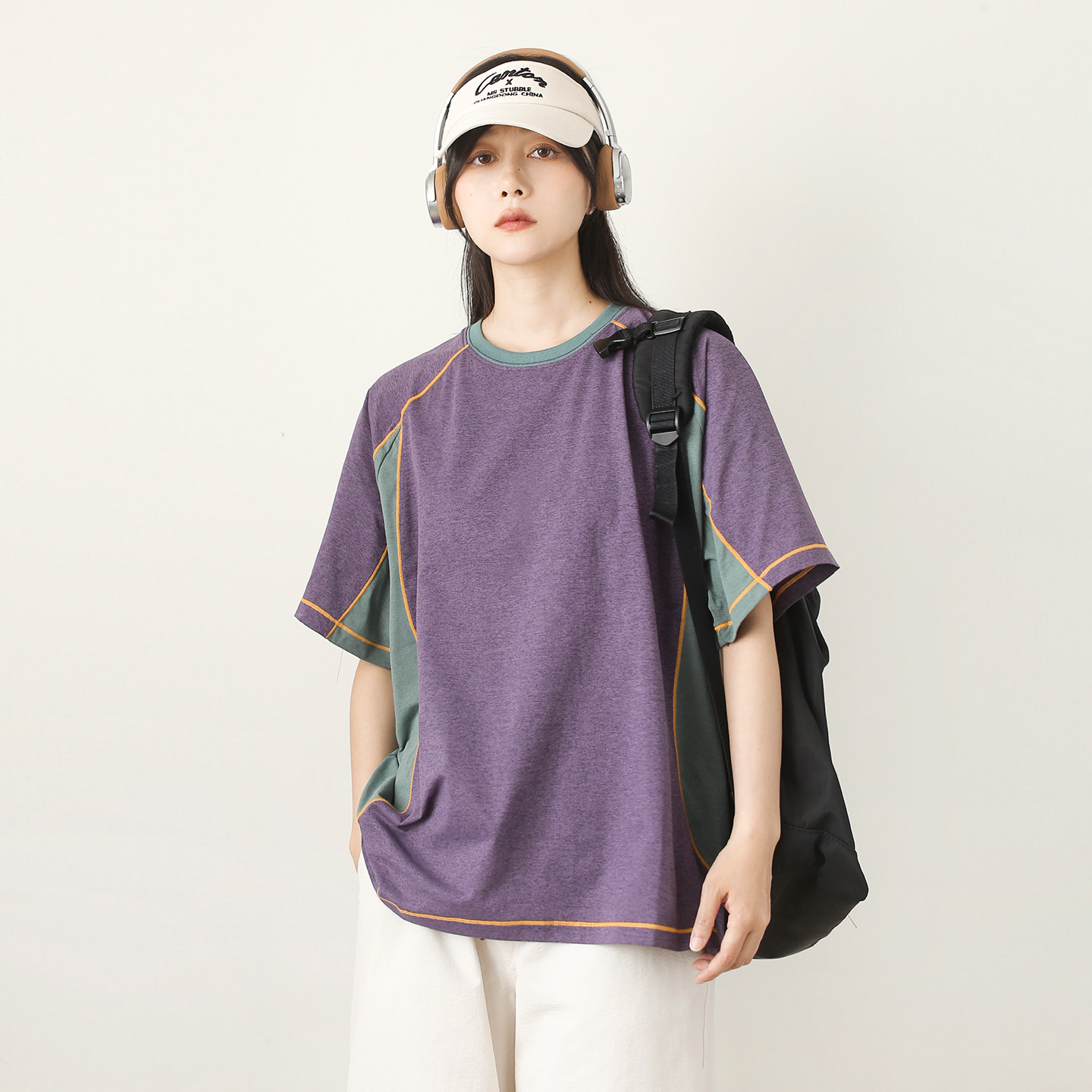 漫渡户外撞色拼接速干短袖T恤女宽松圆领吸湿排汗半袖上衣夏季