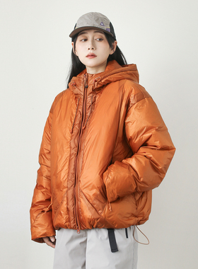 漫渡户外短款90绒连帽羽绒服女橙色加厚保暖宽松面包服白鸭绒外套