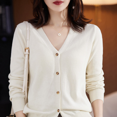 纯棉线针织开衫女V领薄款开衫小外套春秋长袖外搭短款纯色上衣潮