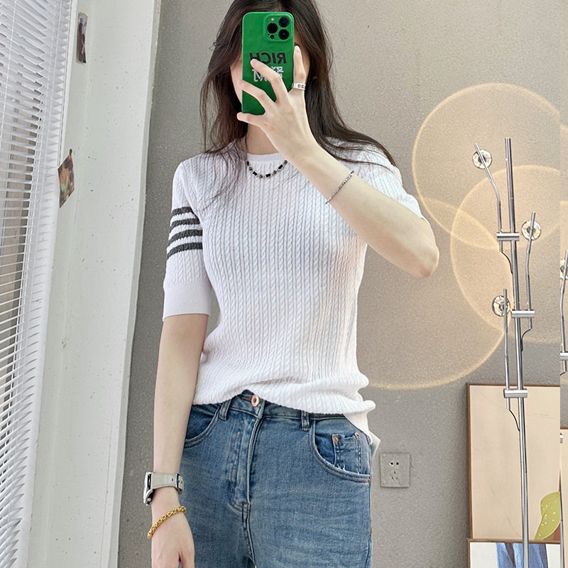 纯棉线五分袖针织T恤衫女圆领套头半袖宽松纯棉短袖上衣夏季新款