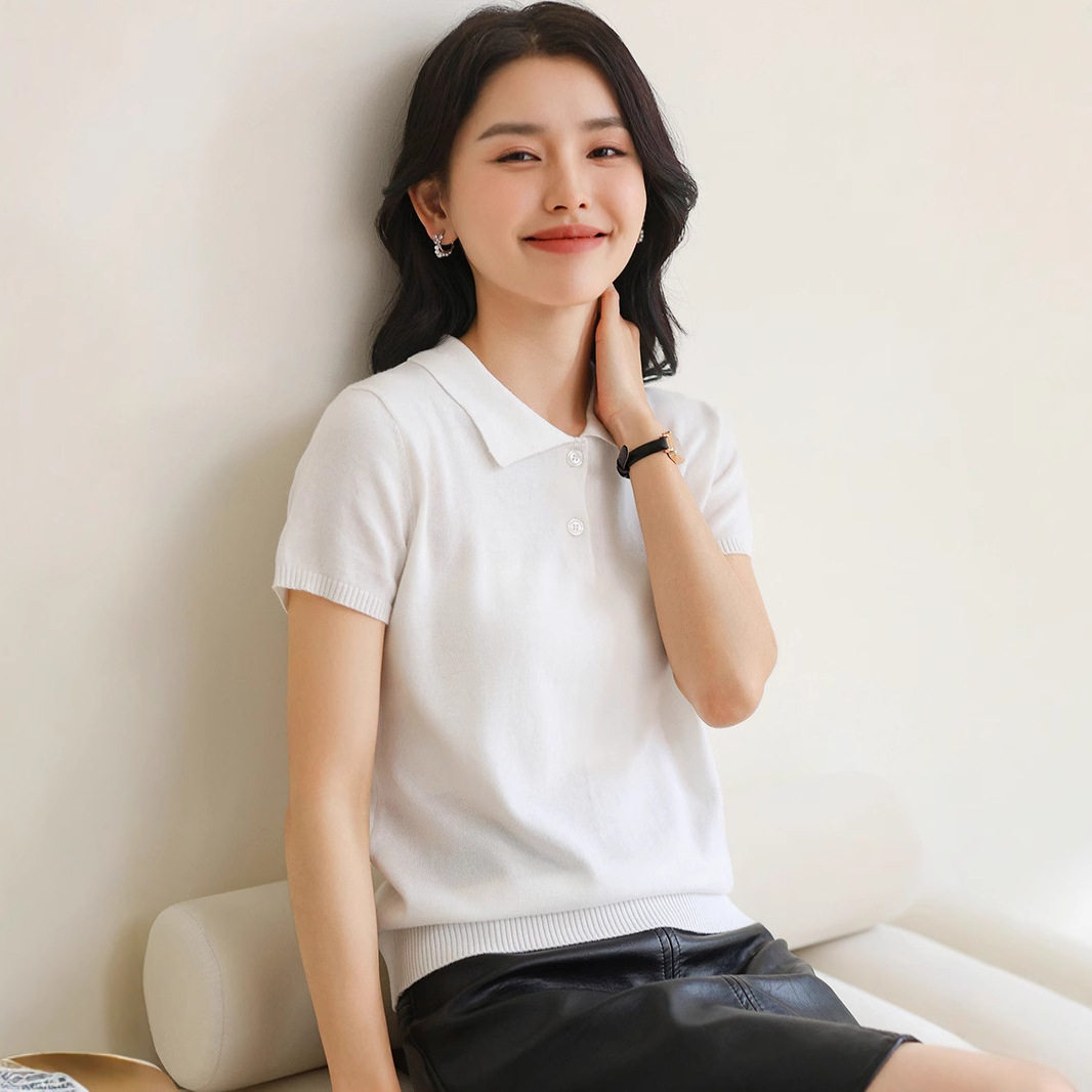 26夏季新款纯棉POPO领短袖女T恤纯色针织打底衫内搭修身显瘦上衣