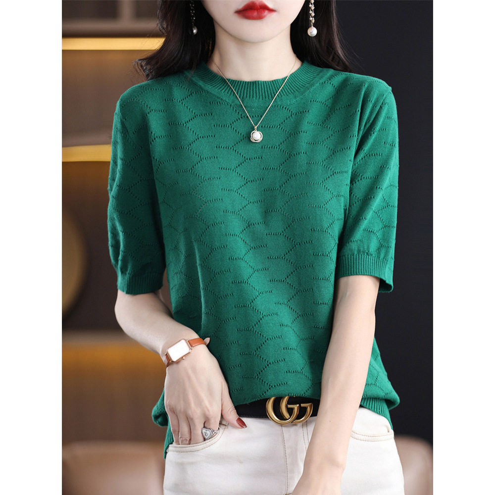 纯棉2026夏季新款女士套头T恤镂空上衣五分袖短款纯色针织衫