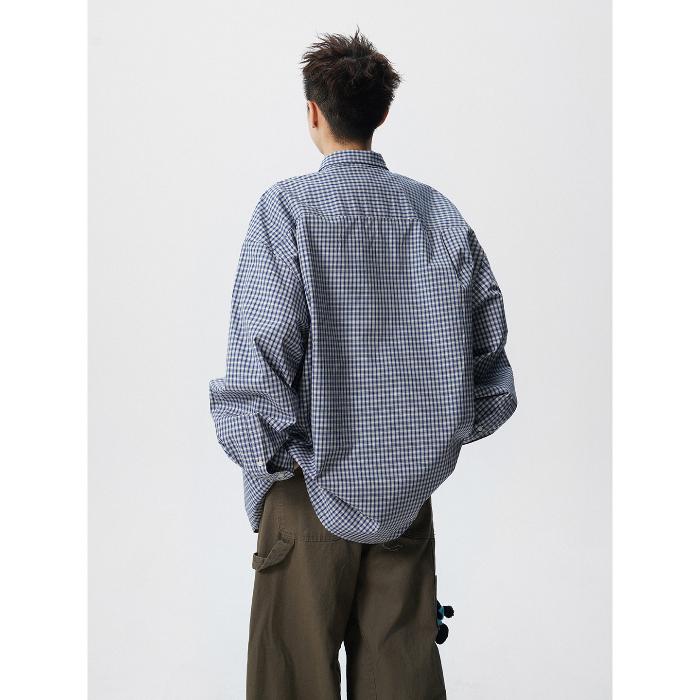 美式复古长袖蓝色格子衬衫C976-P55控78,男装衬衫,星座918-1