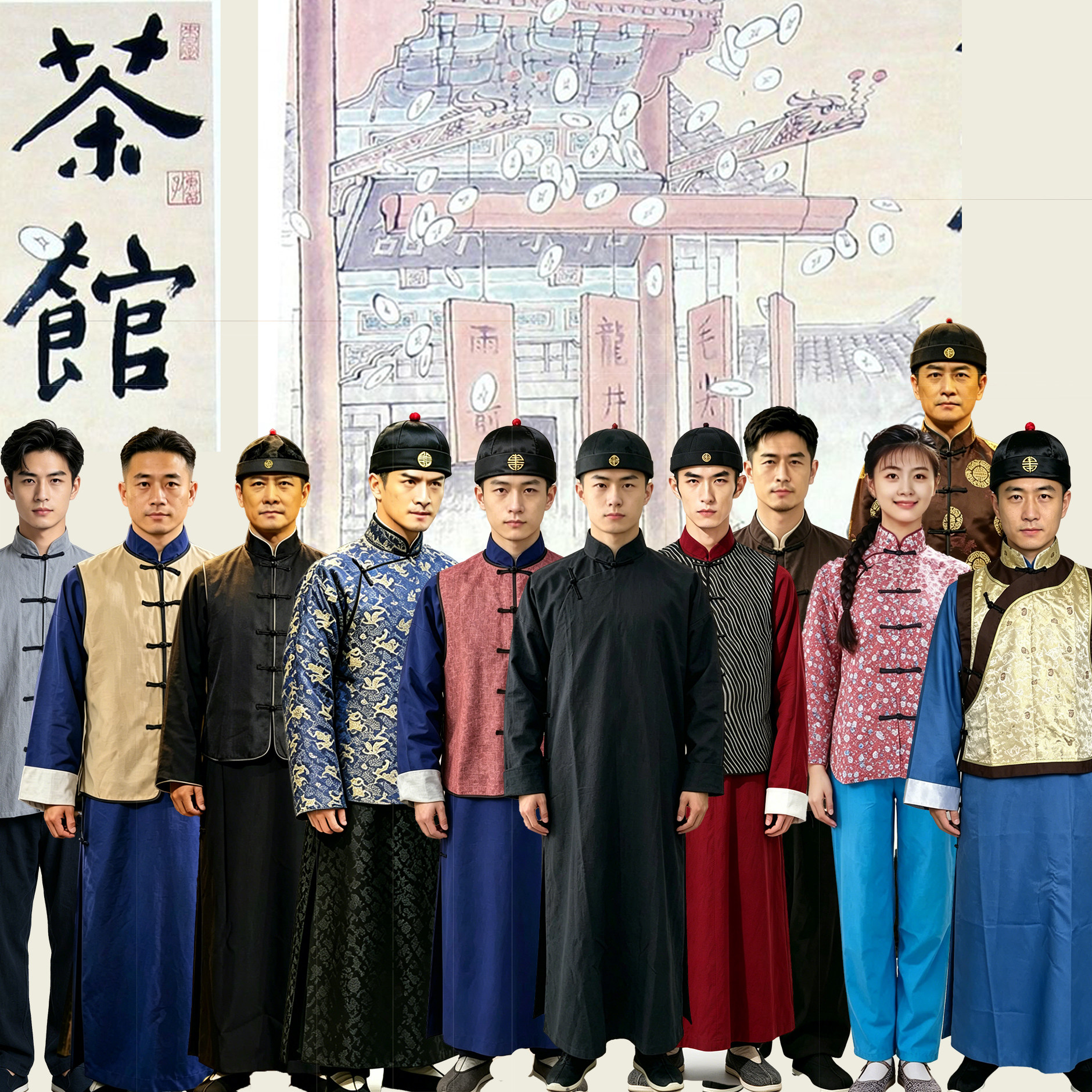 租茶馆课本剧服话剧民国老爷地主马褂长衫王立发掌柜常四爷松二爷