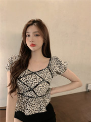 Real price 2021 new leopard Plaid ribbon baby shirt short top women's summer