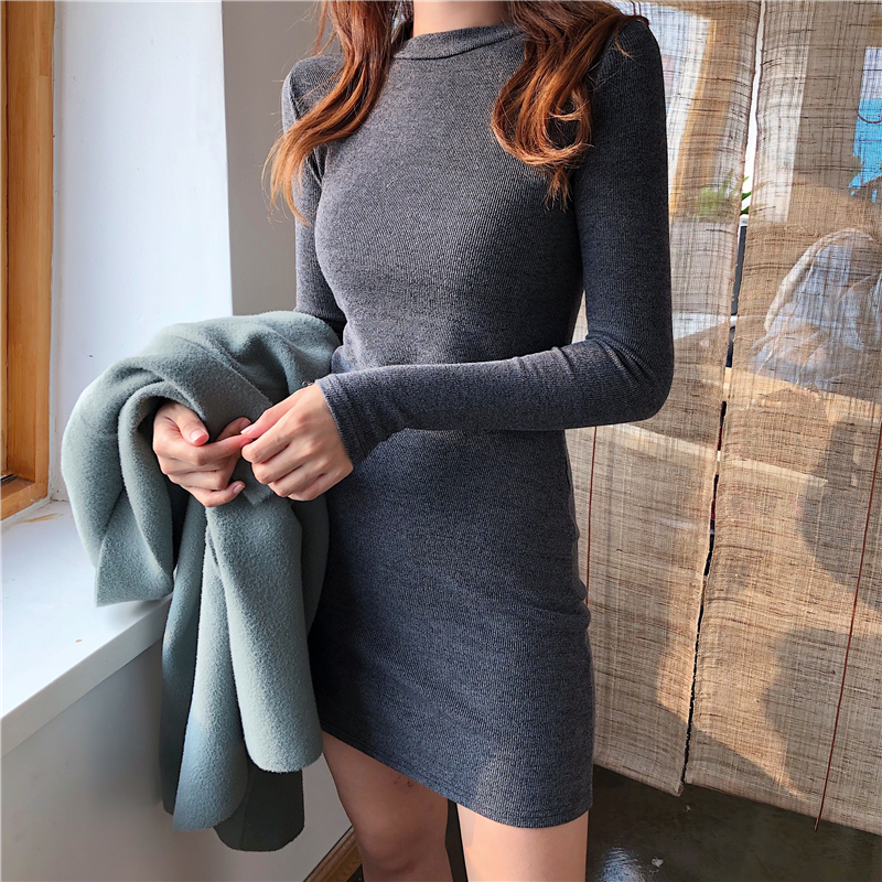 New real price real shot round neck slim fitting Pullover long sleeve medium length knitted dress women's bag bottom