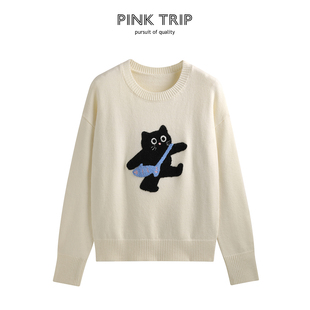 针织衫 宽松圆领落肩袖 上衣 Trip猫咪刺绣套头毛衣女秋冬新款 Pink