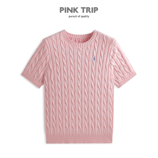 100棉/Pink Trip小马刺绣纯棉麻花针织短袖女夏老钱风绞花T恤上衣
