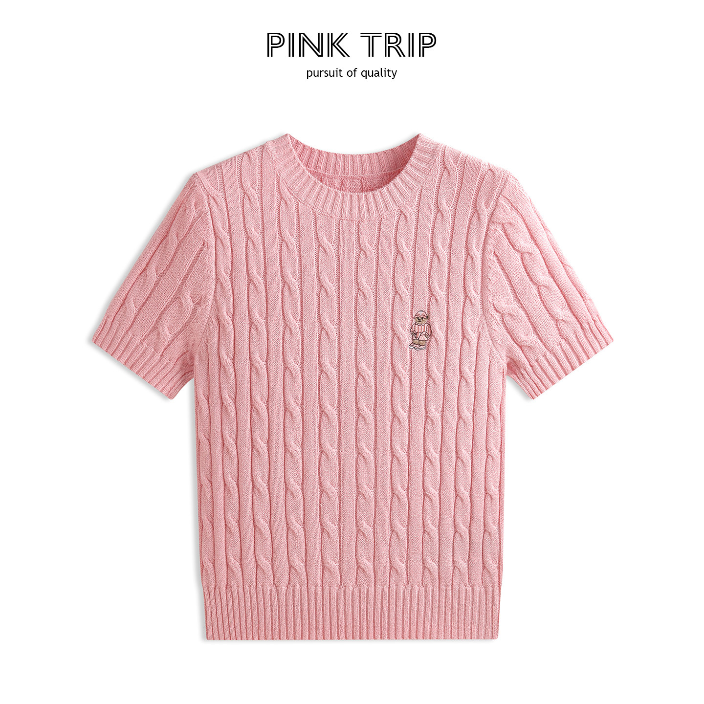 Pink Trip小熊刺绣学院风麻花短袖针织衫女夏圆领正肩粉色T恤上衣