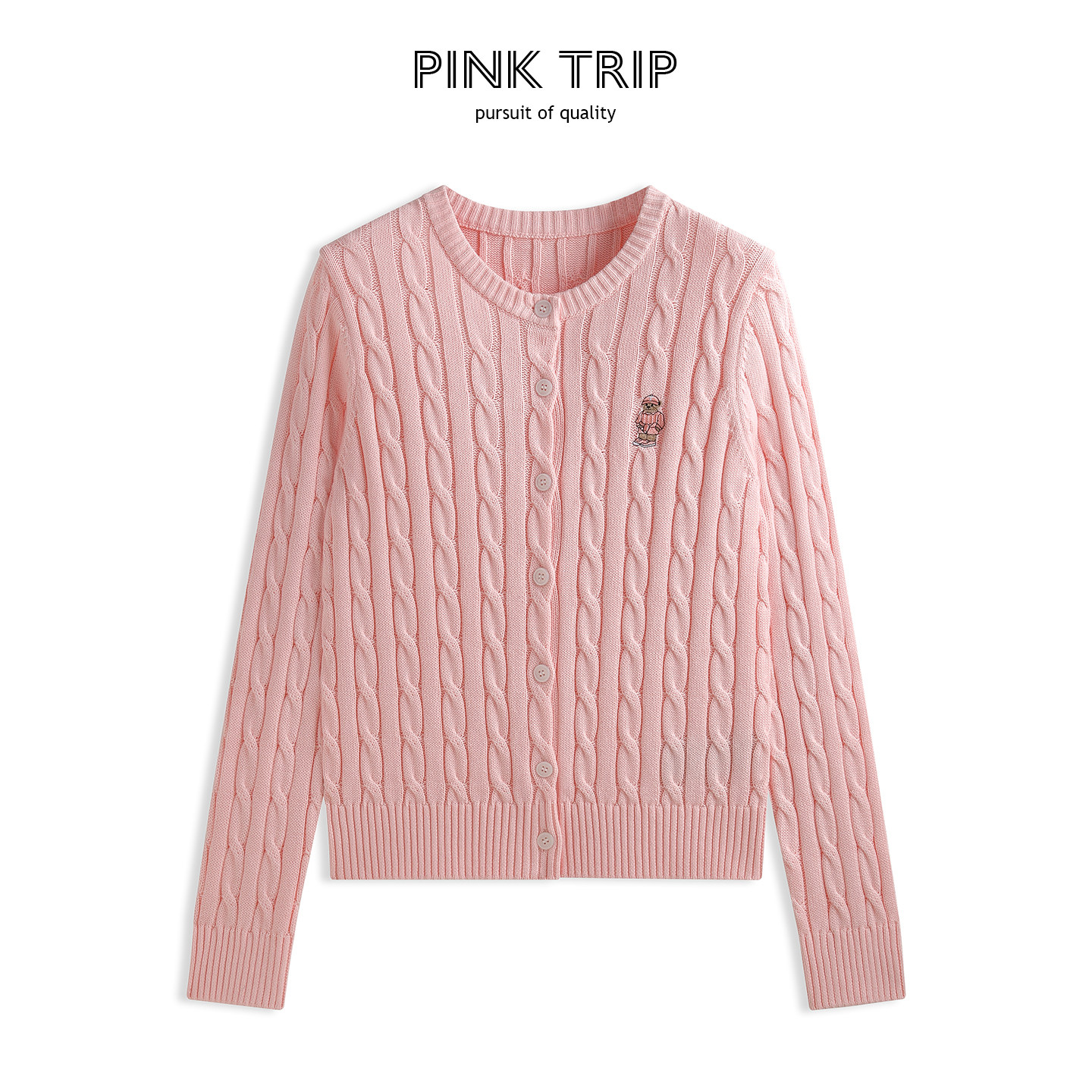 100%棉/Pink Trip学院风小熊刺绣纯棉麻花针织开衫女粉色长袖外套
